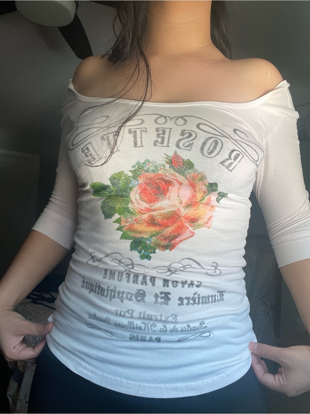 Cotton Truly Madly Deeply cotton Cream Long Sleeve Graphic Tee with Rose Print